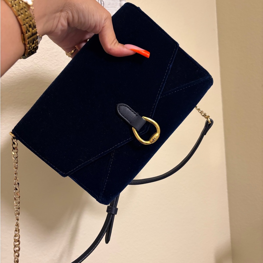 Lauren Ralph Lauren Navy Velvet Envelope Clutch with Gold Hardware